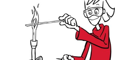 Tegning af elev, der brænder noget med en bunsenbrænder